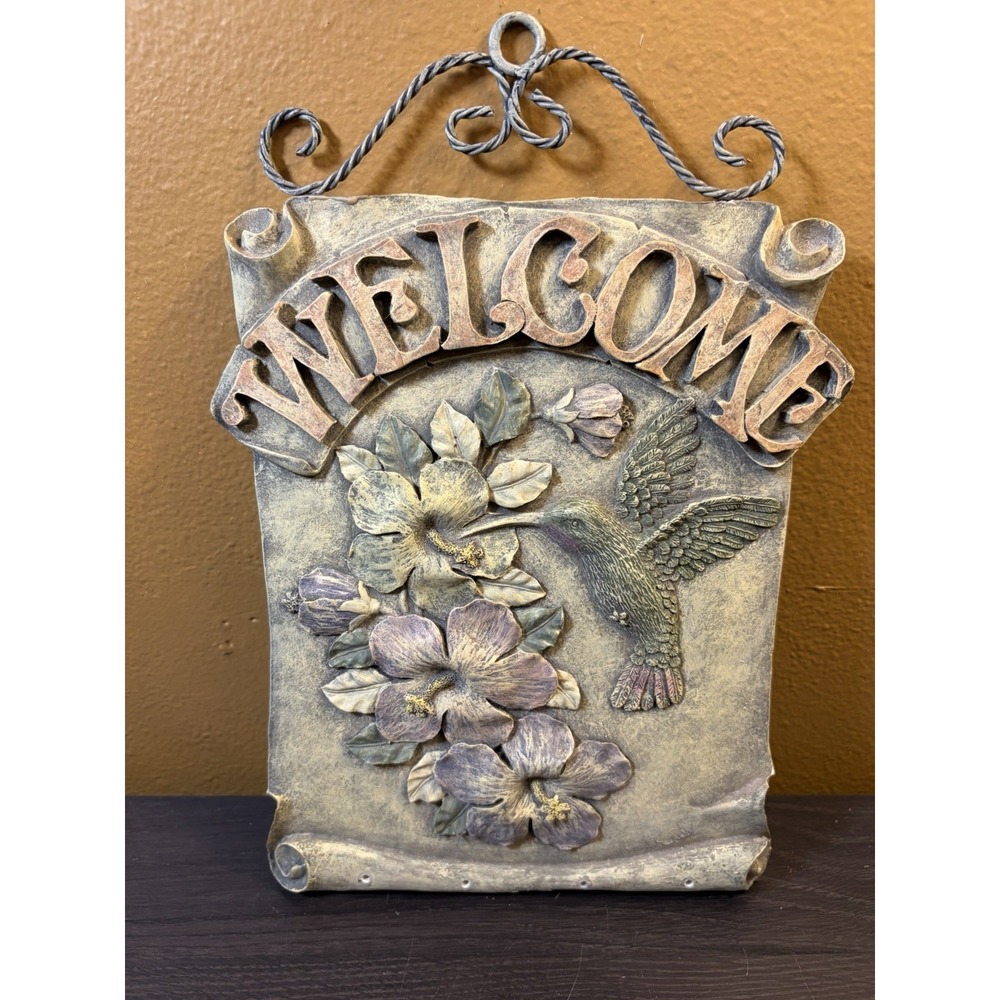 Joann Welcome Hummingbird Plaque Decor Hanging Heavy Key Holder Floral Bird 2002